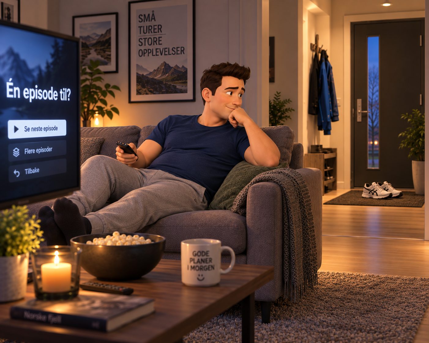 Illustrasjon: en mann i sofaen med fjernkontrollen i hånda ser bort mot
                gangen, der et par joggesko står ved døra. På TV-en står det «Én episode til?»